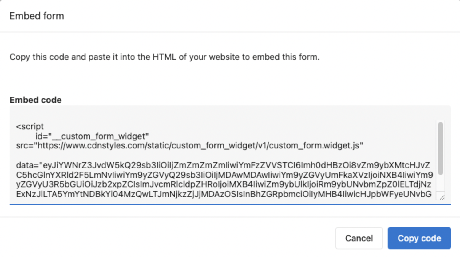 Embed code for a contact form, showcasing integration for lead capture in Command Local's CRM.
