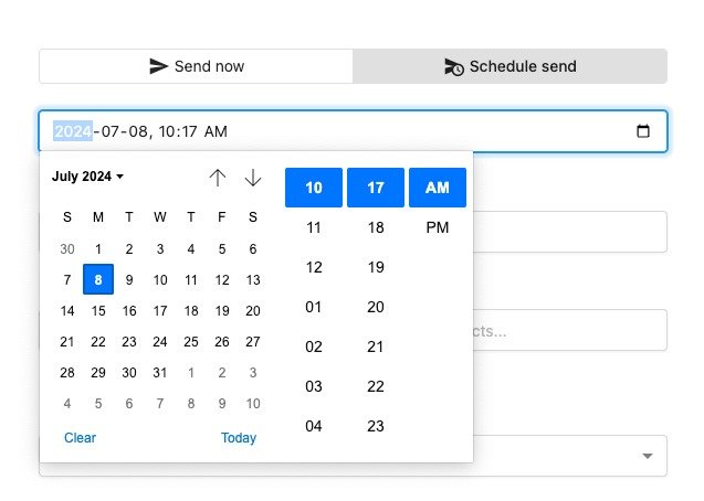 Calendar interface for scheduling campaigns in Command Local's CRM, featuring date and time selection for effective digital marketing management.