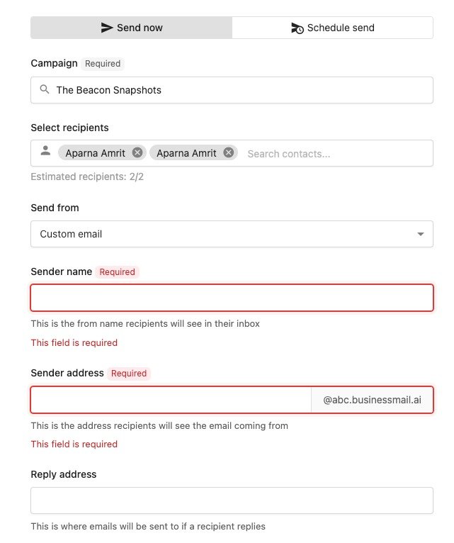 Email campaign setup interface with fields for campaign name, recipient selection, and sender details, illustrating CRM contact management.