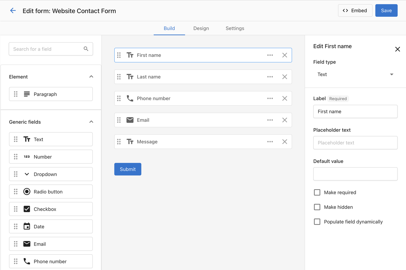 Website contact form builder interface with fields for first name, last name, phone number, email, and message, designed for lead capture.