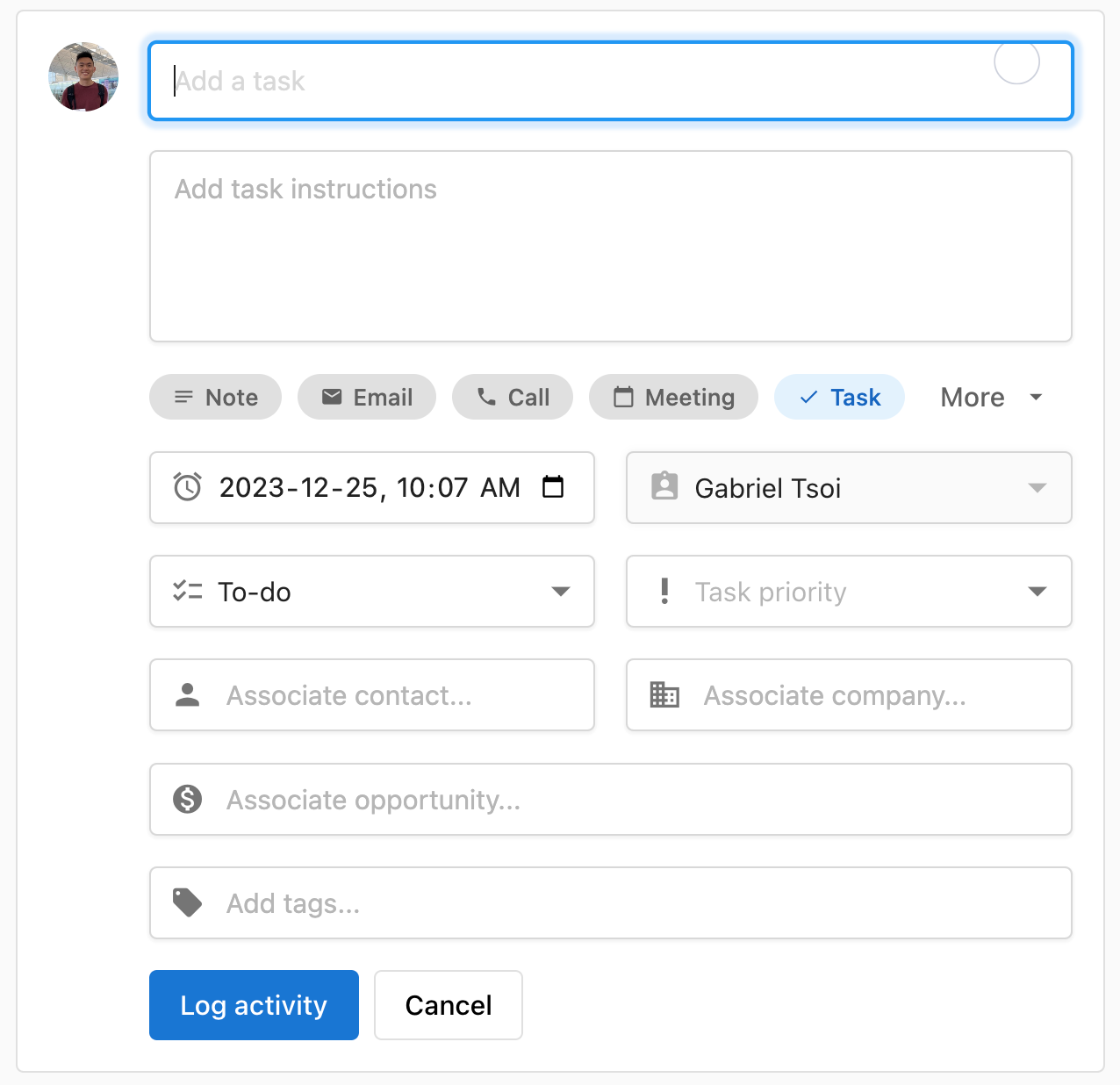 Task creation interface in Command Hub CRM, featuring fields for task title, instructions, due date, priority, and associations for local business productivity.
