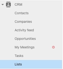 CRM interface showing navigation menu with "Lists" highlighted, relevant for managing contacts and companies in digital marketing.