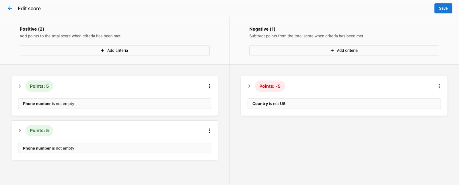 Edit score interface showing positive and negative criteria for lead scoring in a CRM system.