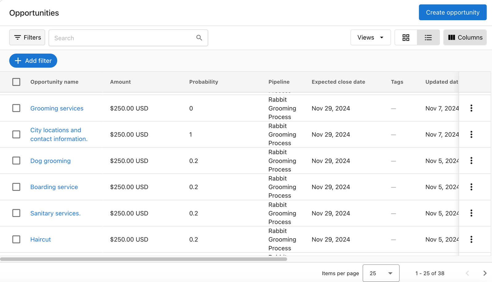 Opportunities list view in Command Hub CRM displaying grooming services and their details for effective sales tracking.