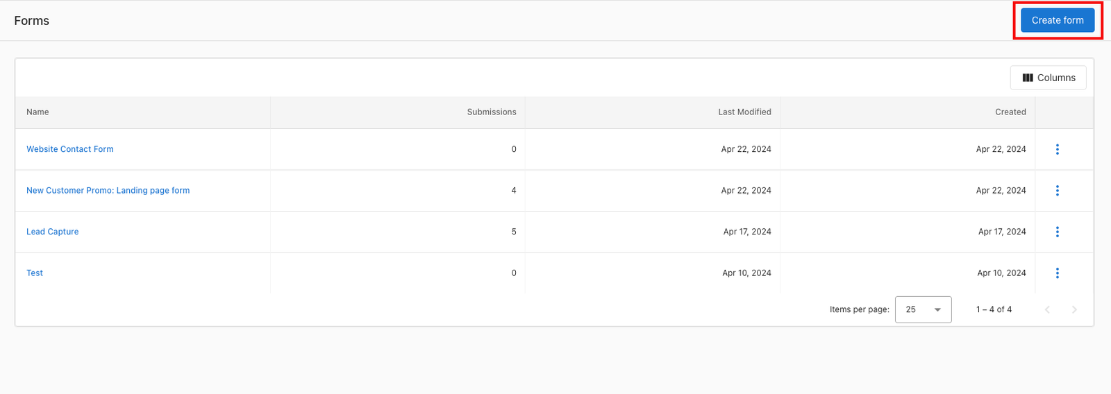 Forms management interface displaying options for creating and editing lead capture forms in Command Local CRM.