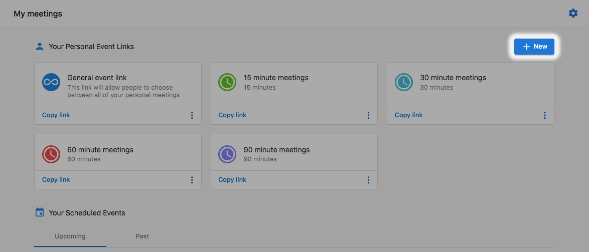My Meetings interface displaying personal event links for scheduling various meeting durations in Command Hub CRM.