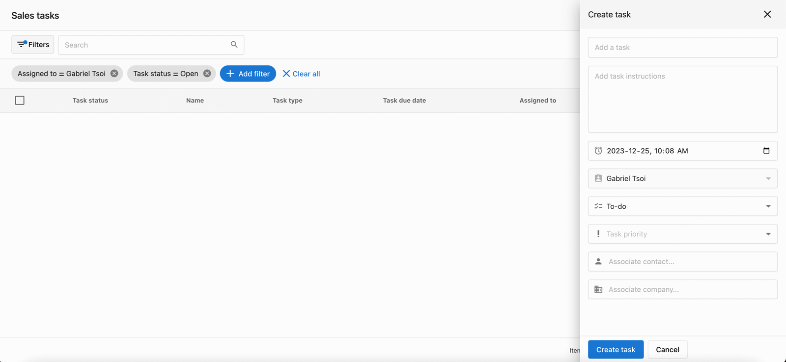 Task management interface in Command Hub CRM, displaying filters, task details, and options to create and assign tasks for local businesses.