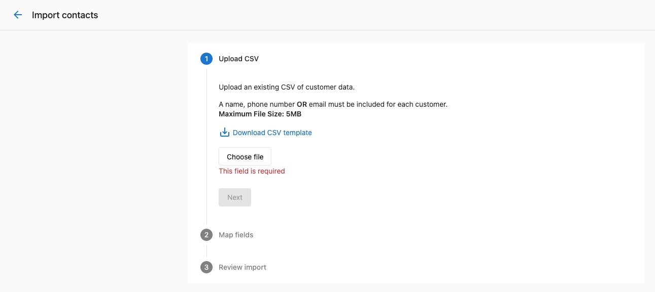Upload CSV interface for importing customer data in Command Local's CRM, emphasizing contact management and data mapping.