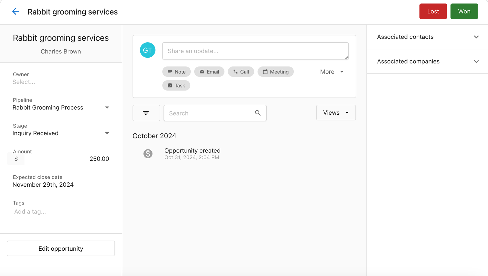 Opportunity profile for rabbit grooming services in Command Hub CRM, displaying details like pipeline, stage, and amount.