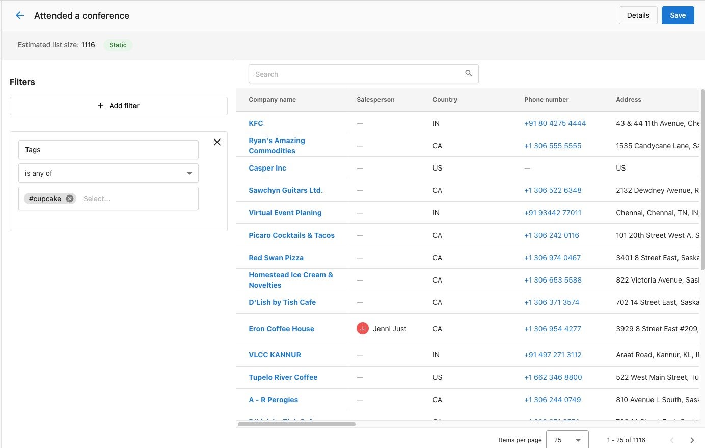 Interface displaying a static list of companies with filters for tags and contact information, relevant for Command Local CRM users.