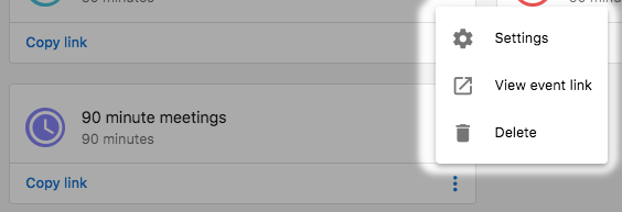 Settings menu for managing 90-minute meetings in Command Hub CRM, highlighting booking link options and duration settings.