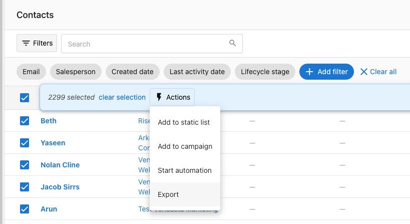 Contacts table in Command Hub CRM showing selected records with actions for managing local business branding and marketing campaigns.