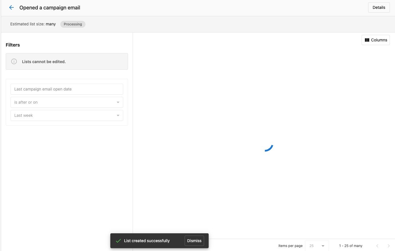 List creation interface displaying filters for email campaign engagement metrics in Command Hub CRM for local business marketing.