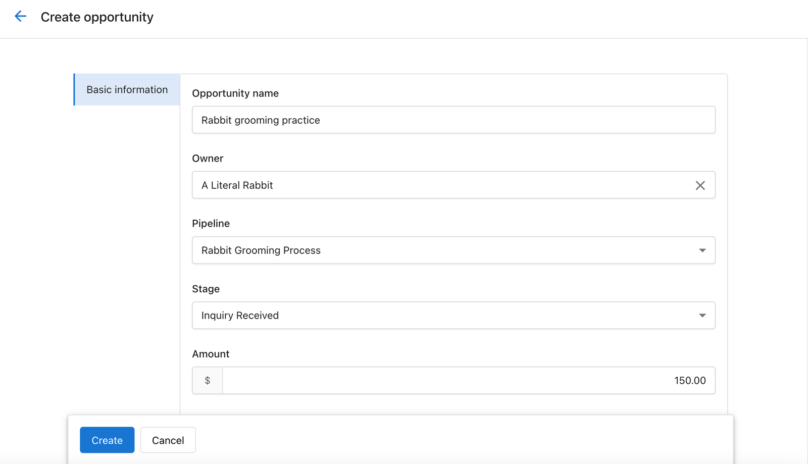 Create opportunity form in Command Hub CRM, featuring fields for opportunity name, owner, pipeline, stage, and amount.