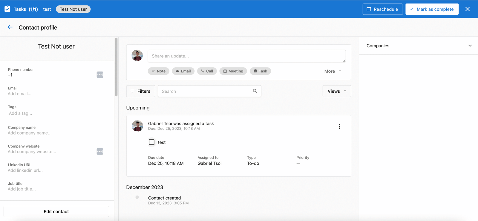 Contact profile interface showing task assignment details, filters, and upcoming tasks for effective local business management.