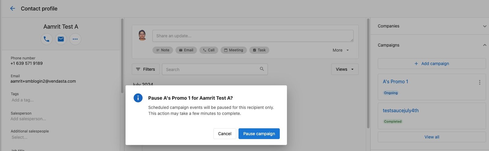 Contact profile interface showing options to pause campaigns for Aamrit Test A, relevant to CRM management in digital marketing.