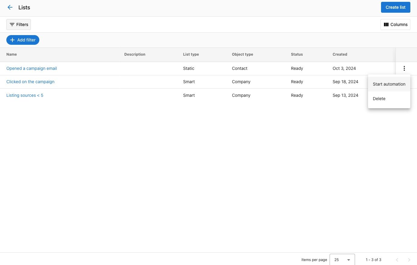 Lists interface in Command Hub CRM showing options for managing static and smart lists for contacts and companies.