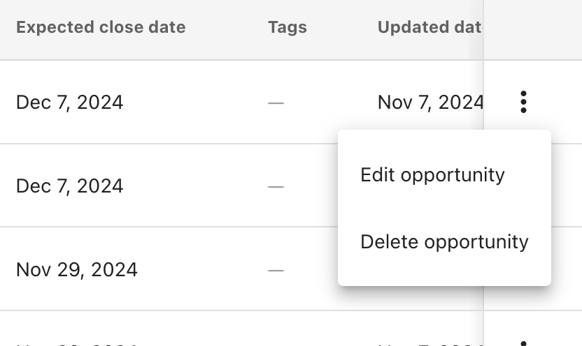 Table view of sales opportunities in Command Hub CRM, featuring expected close dates, tags, and options to edit or delete opportunities.