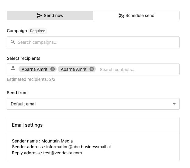 Email campaign settings interface showing recipient selection and sender information for local business branding in Coastal Bend.