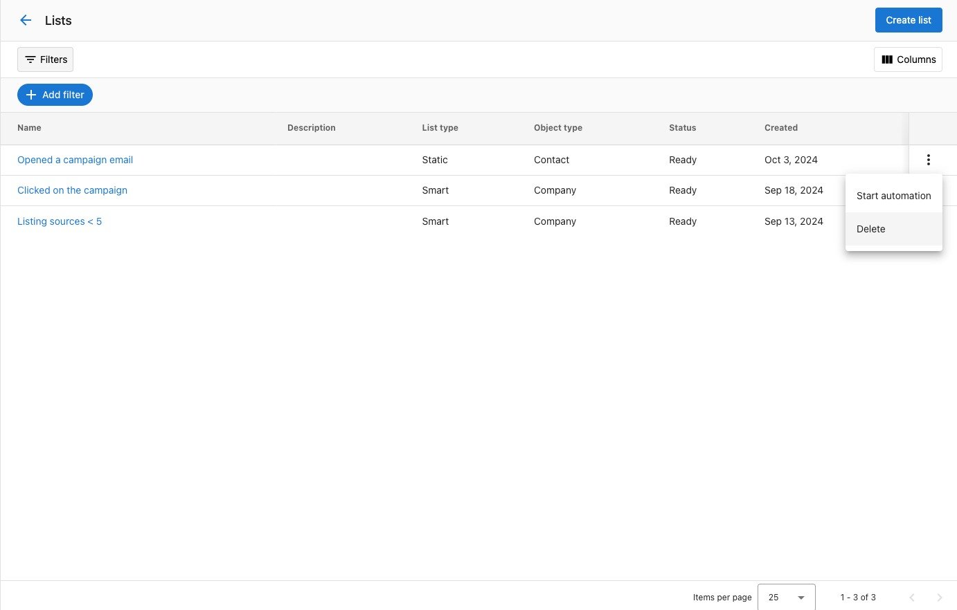 Lists interface in Command Hub CRM displaying static and smart lists for contacts and companies, featuring automation options and deletion function.