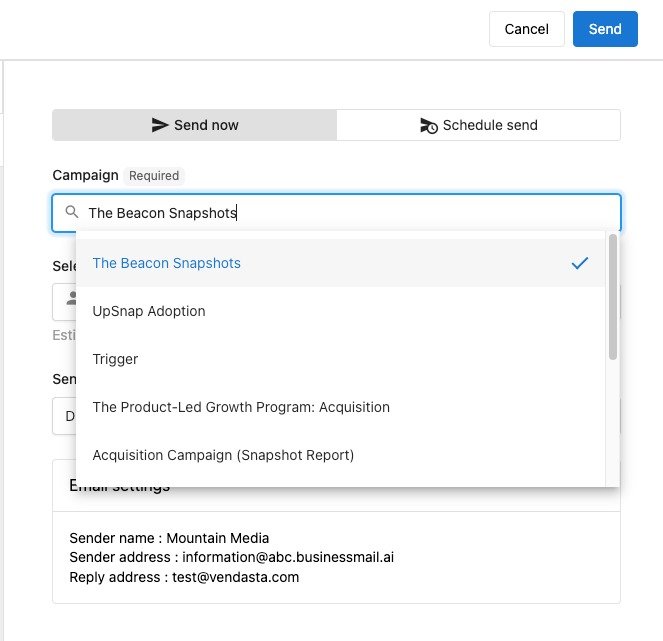 Campaign creation interface displaying "The Beacon Snapshots" and options for scheduling in a digital marketing CRM.