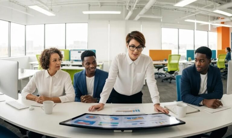 Team collaborating in modern office, discussing digital marketing strategies and data analysis for Corpus Christi businesses.