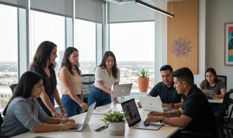Group of digital marketing professionals collaborating in a modern office, showcasing teamwork for Corpus Christi business strategies.