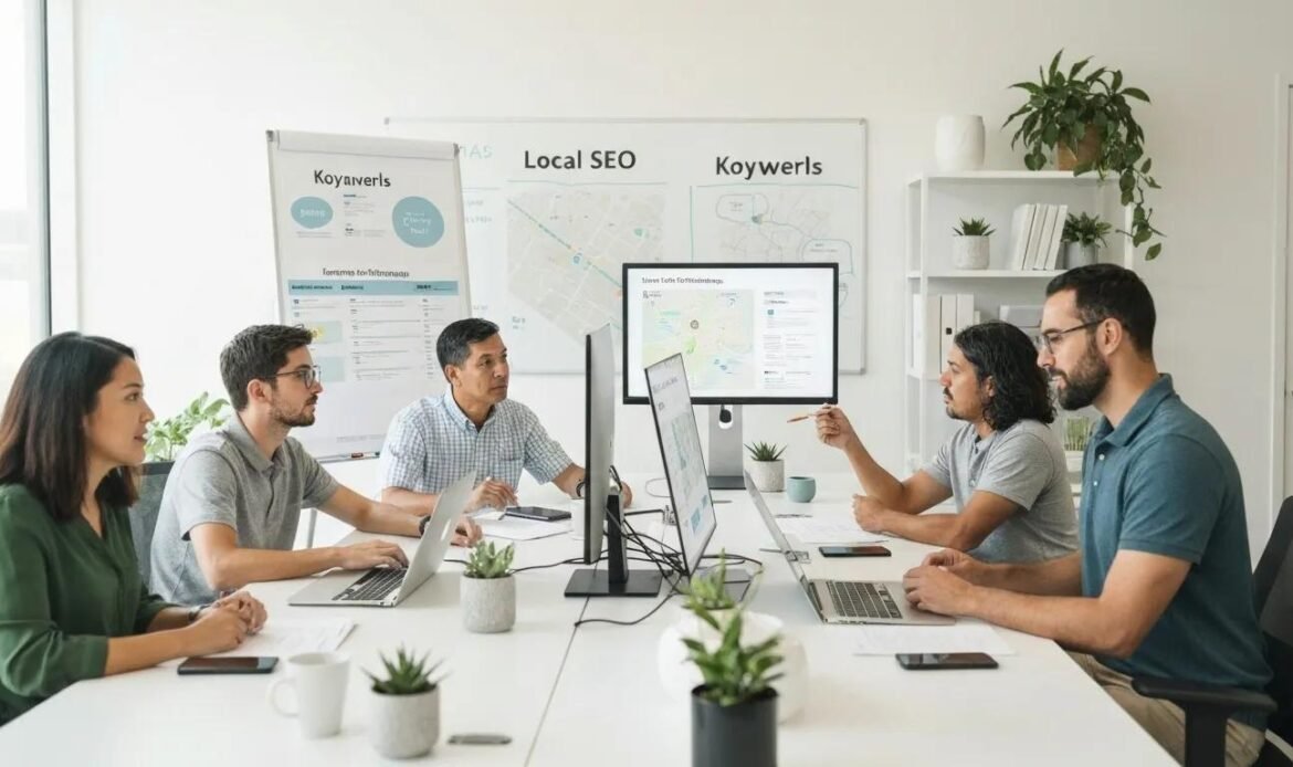Corpus Christi Tx A team actively brainstorming local SEO strategies, featuring keywords, maps, and a comfortable office atmosphere.