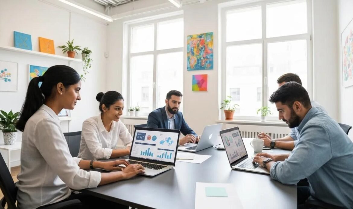 A dynamic team of digital marketing professionals collaborating in a bright, modern office space, symbolizing innovation and teamwork.