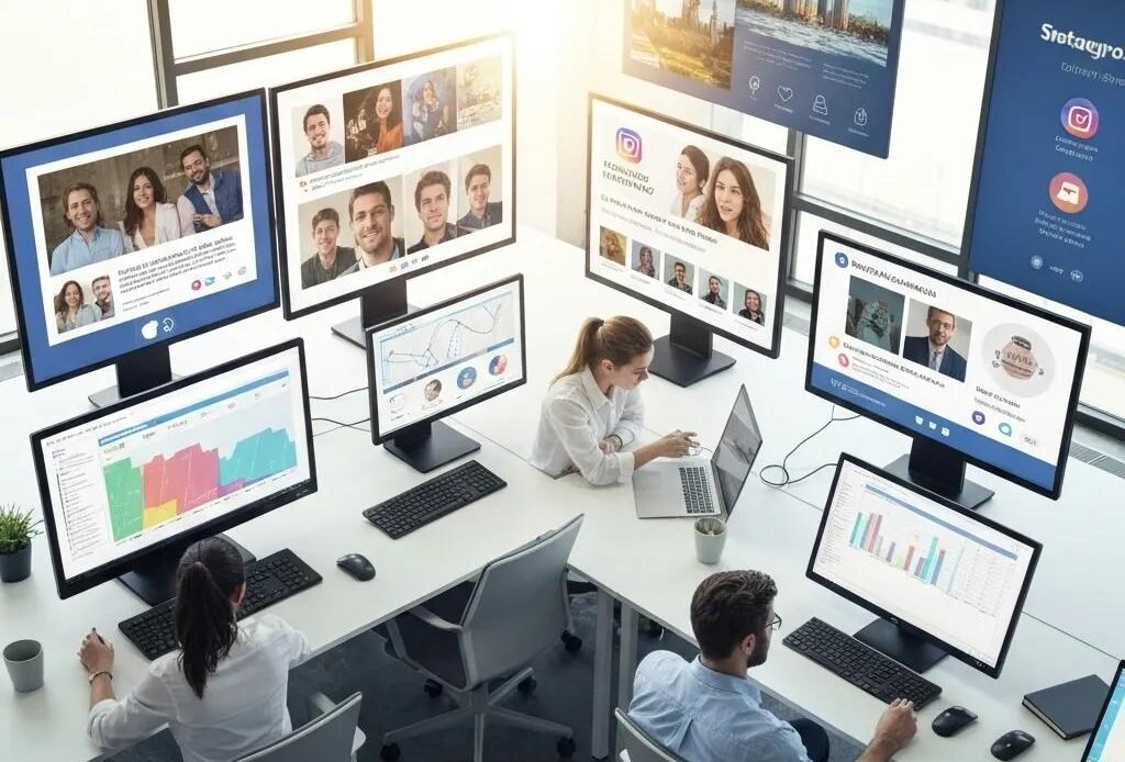 Digital marketing team analyzing social media advertising strategies with multiple screens showcasing Facebook and Instagram ads in Corpus Christi.