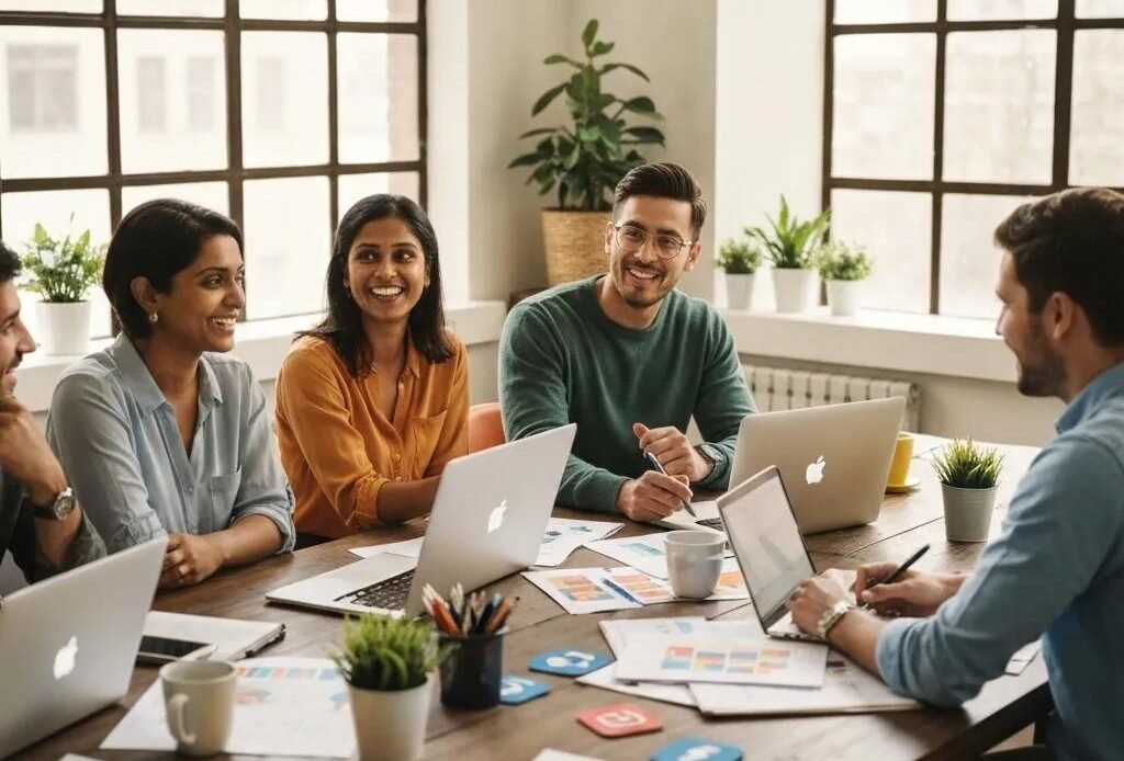 Diverse local business owners collaborating on social media marketing strategies in a vibrant workspace, enhancing brand visibility.