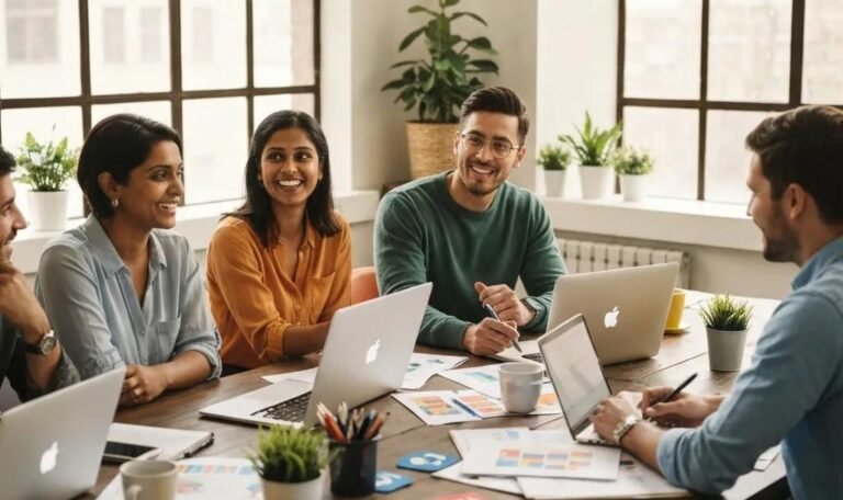 Diverse local business owners collaborating on digital marketing strategies in a bright workspace, enhancing Corpus Christi branding.