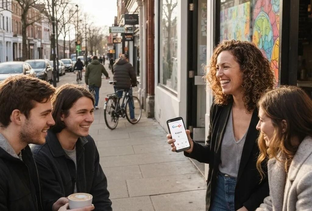 Local café owner engaging with customers outside, showcasing community connections and digital marketing efforts in Corpus Christi.