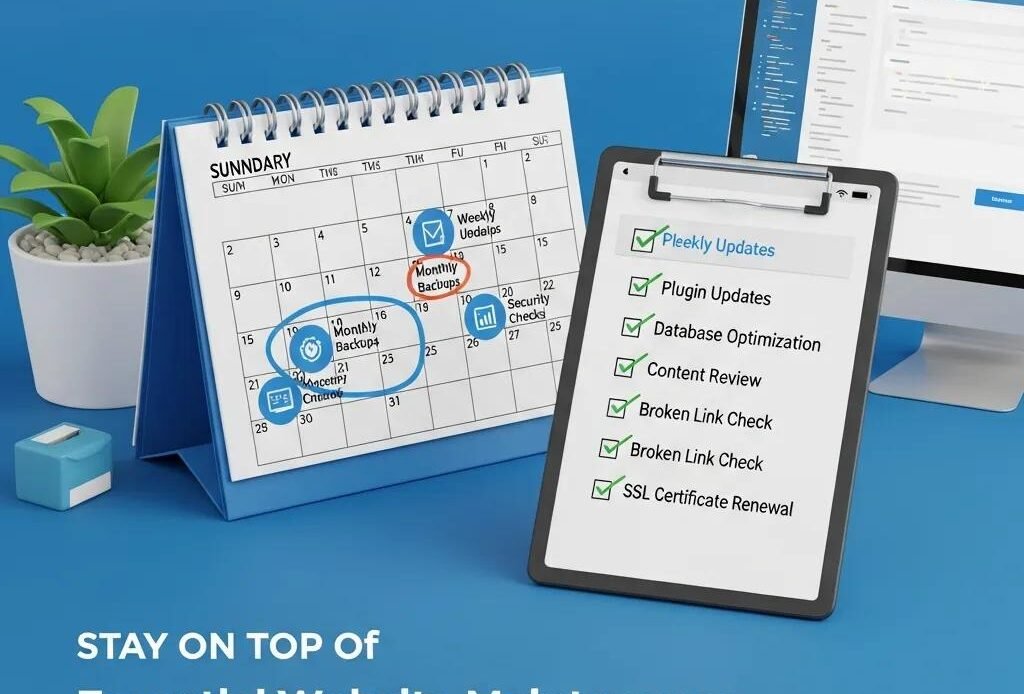 Calendar and checklist showing common website maintenance tasks and costs