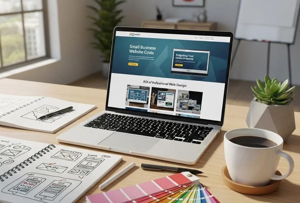 Modern workspace with laptop and design tools illustrating website design costs
