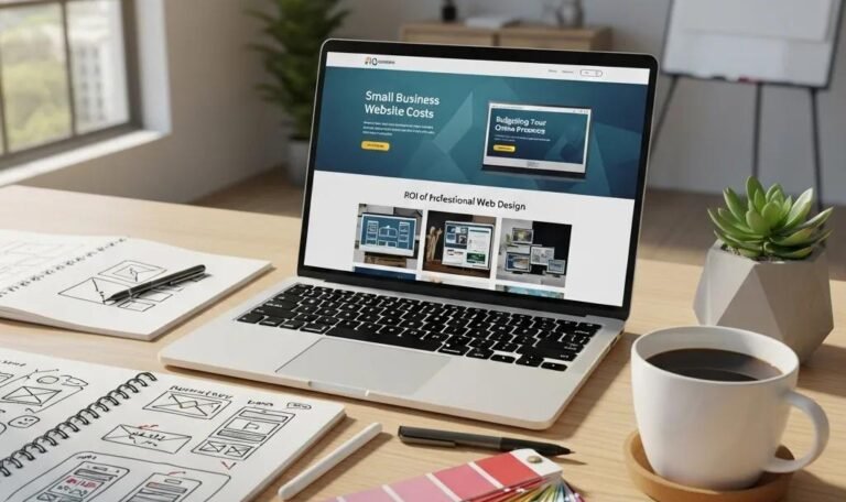 Modern workspace with laptop and design tools illustrating website design costs