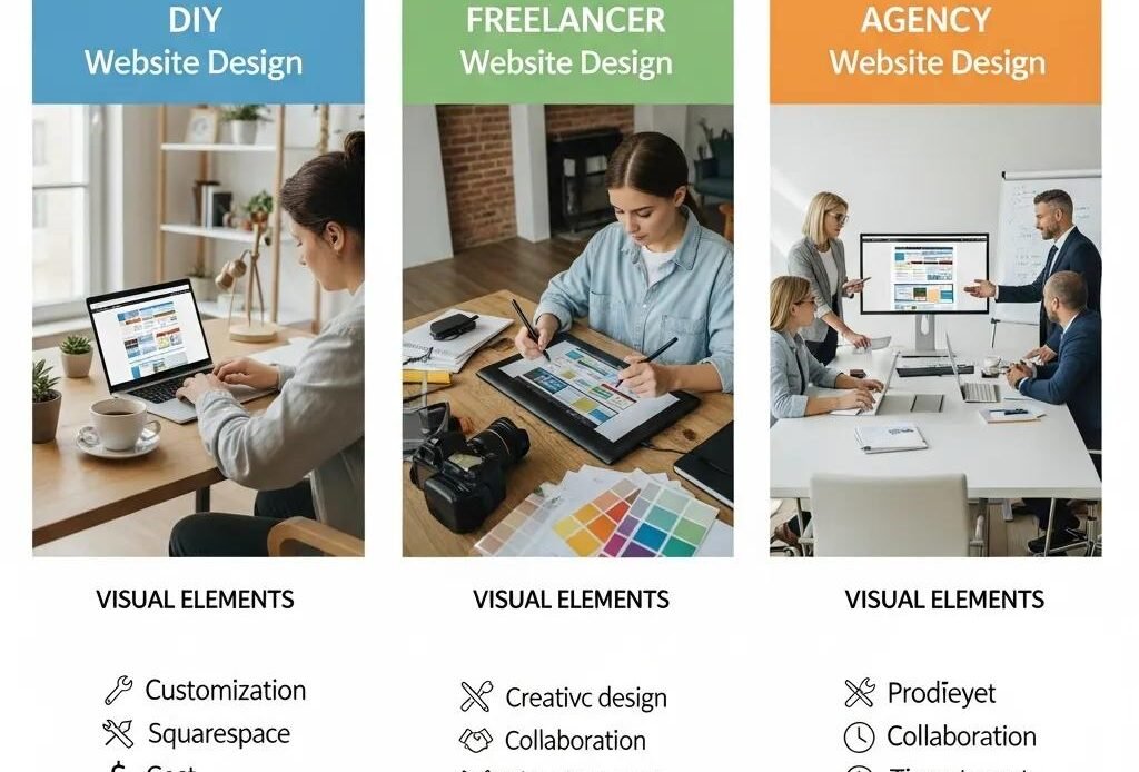 Side-by-side of DIY, freelancer, and agency website options for small businesses